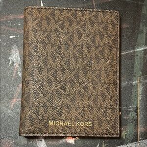 Michael Kors Brown Signature MK Card & Passport Holder with Gold Logo